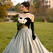 Bow Qian Yi Identical Black Wedding Dress Gloves Retro Elegant High-end Performance Evening Dress Photo Satin Face Arm Sleeve
