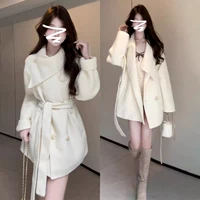 Кремово-белый [Пальто женское, новинка зимы 2024 года/шерстяное пальто/маленькое пальто/уникальное и очень красивое пальто/короткое шерстяное пальто/новое кашемировое пальто 2025 года/маленькое суперкрасивое пальто/кашемировое пальто]