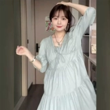 Элитное изысканное летнее платье, длинная юбка, рукава фонарики, V-образный вырез, свободный крой