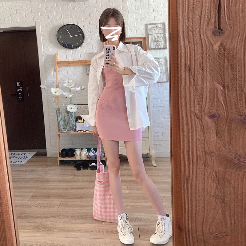 Spring Pink Slim-Fitting Waist-Cinching Spaghetti Strap Dress for Women 2026 New Spring Outfit Paired with a Full Set of Bodycon Mini Skirt