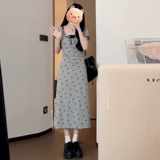 Приталенный корсет, платье, комплект, длинная юбка, французский стиль, в цветочек, подходит для подростков