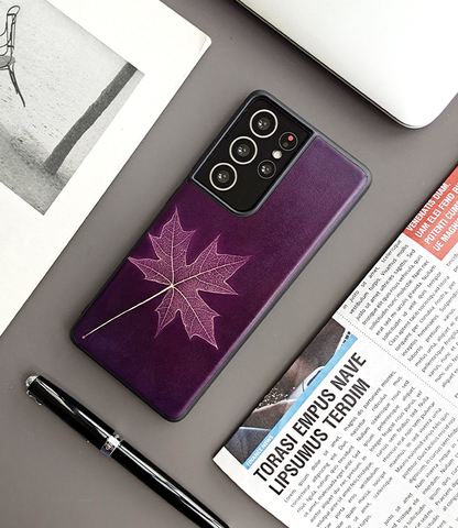 Purple — Maple Leaf New Genuine Leather High End Premium S23, S23 Plus, S23 Ultra, S22, S22 Plus, S22 Ultra, S21, S21 Plus