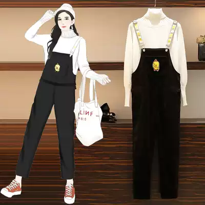 Pregnant women autumn winter pants outside wear 2019 new fashion corduroy baby bag pants turtleneck sweater two-piece set