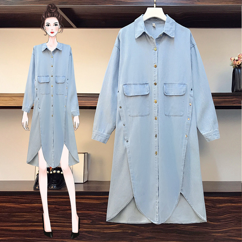 Real Pat Spot 20 Spring Autumn New Large Size Women's Dress Fat Sister Mid-Length Version Denim Cardio-hoodie Dress Loose and Slim Fit