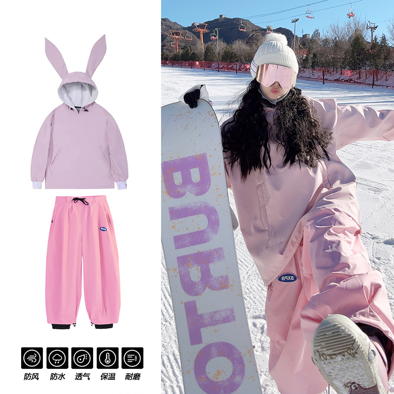 2025 Ski Suit Cute Rabbit Ear Ski Waterproof Hoodie with Fleece Lining Single Board Korean Style Warm and Windproof