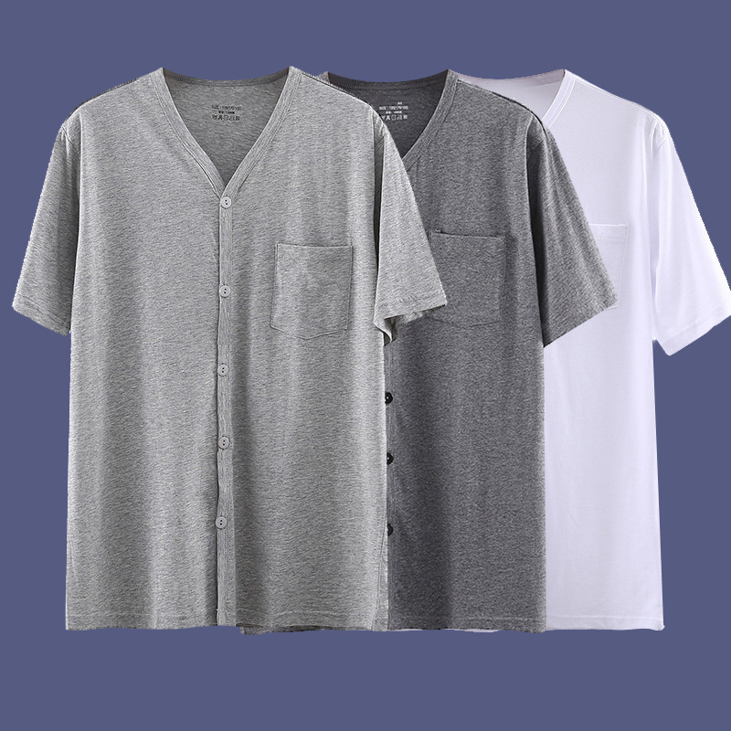 Middle-Aged and Elderly Men's Pure Cotton Short-Sleeve T-Shirt, Button-Up Cardigan, Loose-Fitting Cotton Shirt, Dad's Front-Button Vest for Summer
