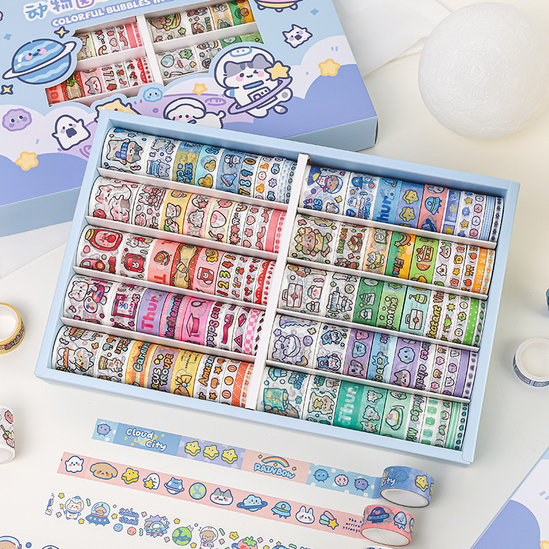 100 rolls of handbook tape sticker hand account film full set of colorful bubble color and paper children's cartoon cute cheap girls handbook gift box set ancient style dispensing cane confession tape