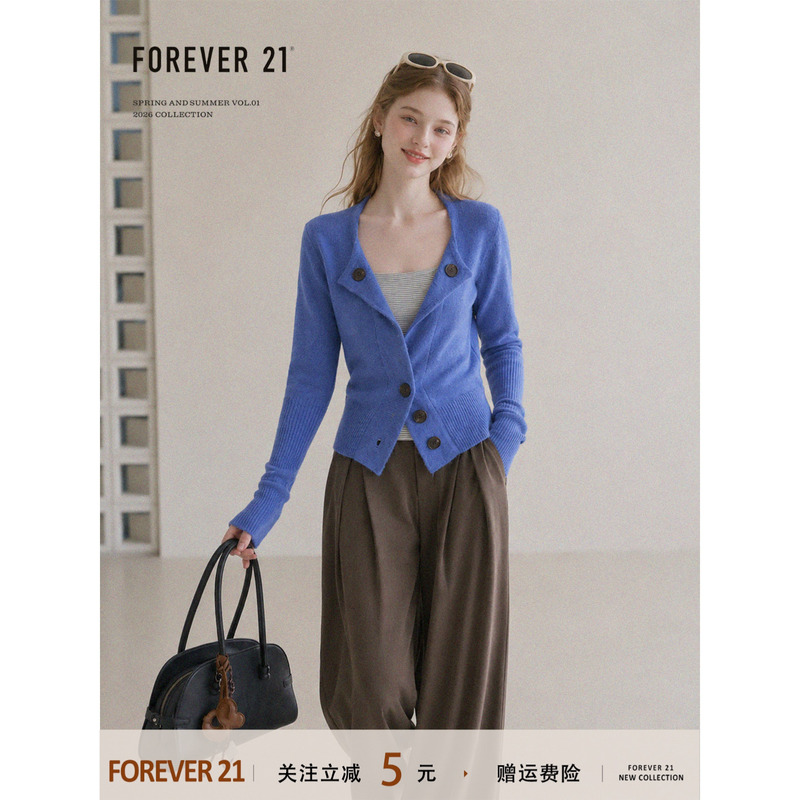 Forever21 Korean Style Blue Design Button V-Neck Long-Sleeve Sweater for Women, Autumn Slim Fit, Sweet Top Forever21 Korean Style Blue Design Button V-Neck Long-Sleeve Sweater for Women, Autumn Slim Fit, Sweet Top