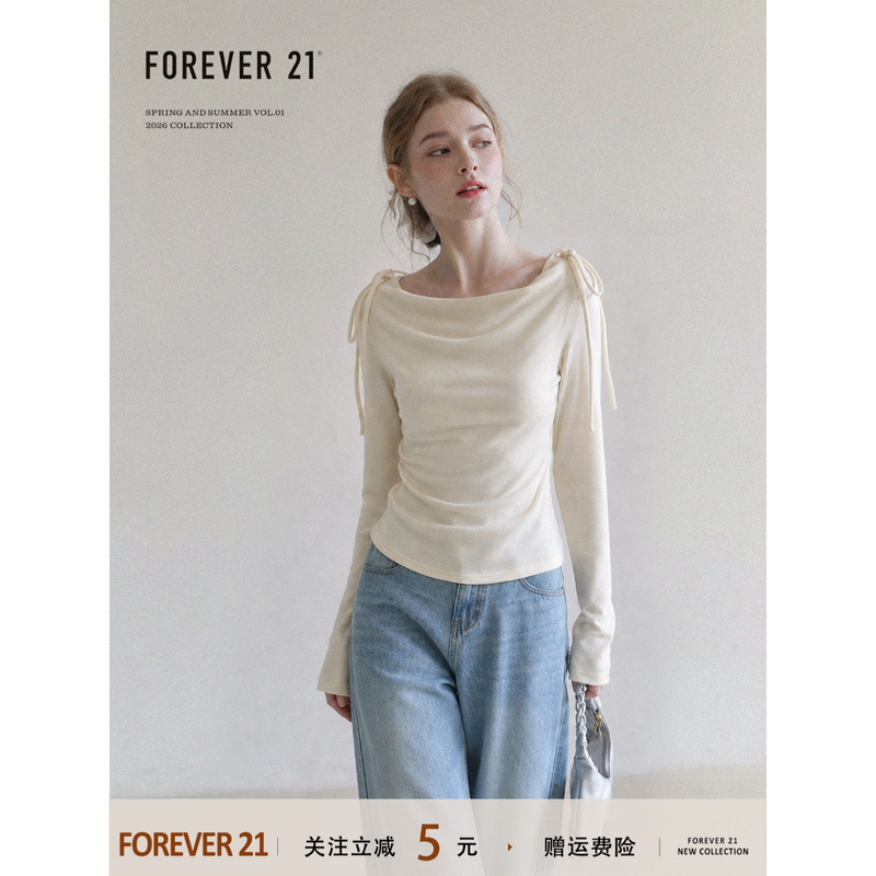 Forever21 Gentle and Sweet Apricot-Colored Swing Collar Shoulder-Tie Long-Sleeve T-Shirt for Women, Autumn Fashion Design Slimming Top Forever21 Gentle and Sweet Apricot-Colored Swing Collar Shoulder-Tie Long-Sleeve T-Shirt for Women, Autumn Fashion Design Slimming Top