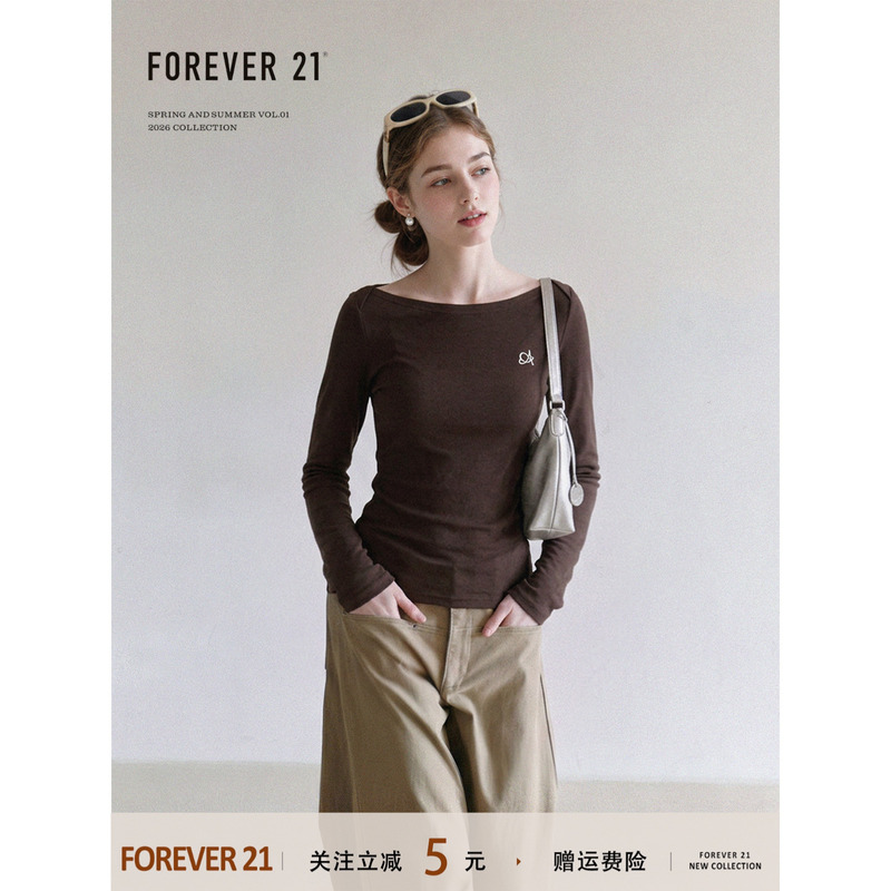 Forever21 Korean Style Coffee-Colored Boat Neck Regular Shoulder Small Embroidered Long-Sleeve T-Shirt for Women, Autumn Slim Fit Versatile Top Forever21 Korean Style Coffee-Colored Boat Neck Regular Shoulder Small Embroidered Long-Sleeve T-Shirt for Women, Autumn Slim Fit Versatile Top