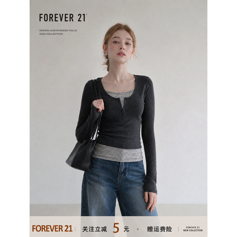 Forever21 Dark Gray Striped Color-Blocked Faux Two-Piece Long-Sleeve T-Shirt for Women, Autumn Zip-Up Half-Open Collar Regular Shoulder Slim-Fit Top Forever21 Dark Gray Striped Color-Blocked Faux Two-Piece Long-Sleeve T-Shirt for Women, Autumn Zip-Up Half-Open Collar Regular Shoulder Slim-Fit Top