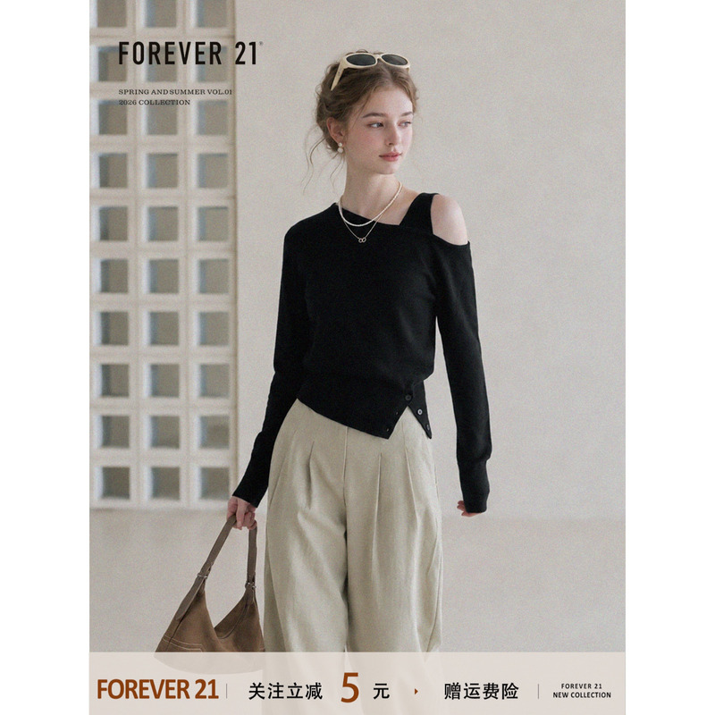 Forever21 American Style Spicy Girl Black Off-Shoulder Long-Sleeve T-Shirt for Women, Autumn Design, Loose and Slimming Top
