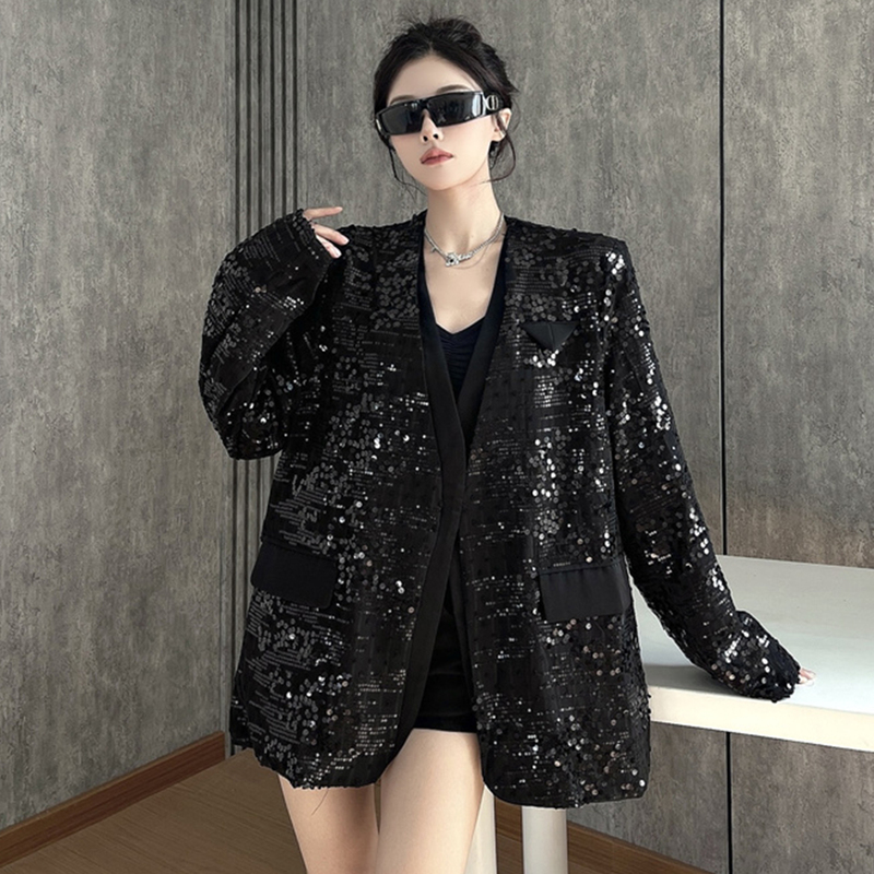 Unique and Beautiful Black Blazer for Women with Sequins, Fashionable and Classy, Loose-Fitting and Shiny Suit Jacket
