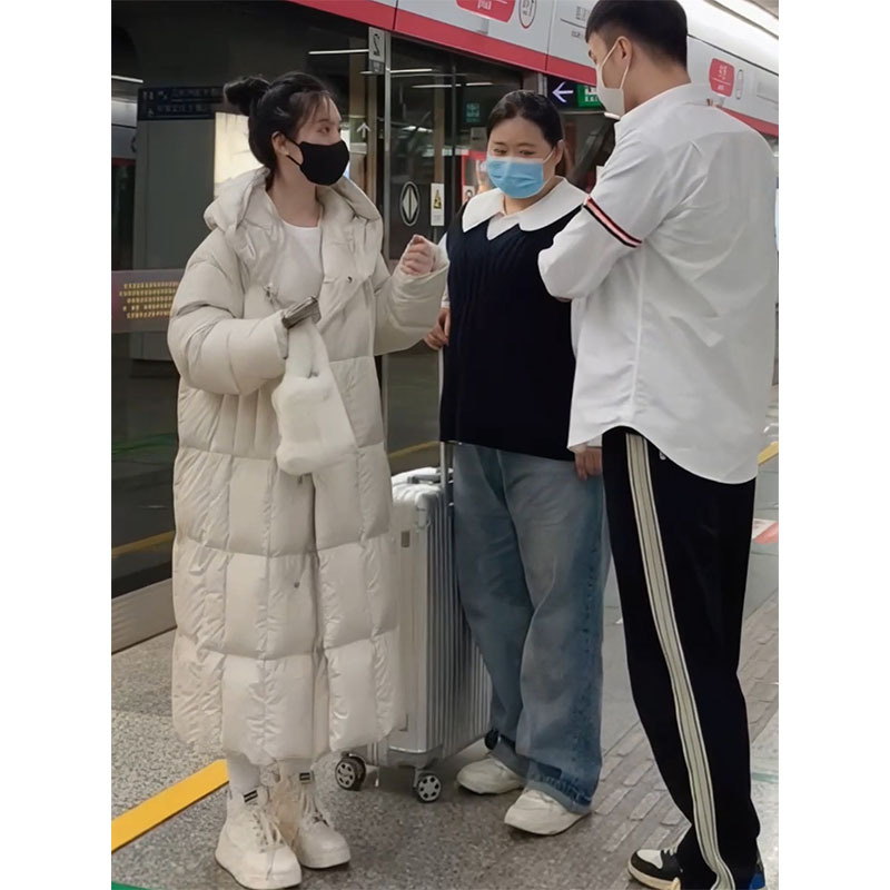 Korean Style Loose Thickened Warm Hooded White Duck down Jacket Trendy Autumn and Winter New Over-The-Knee Long Pink down Coat for Women