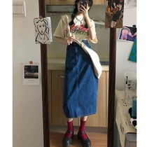 Cool retro style Korean loose casual print T-shirt high waist split slim long denim skirt summer