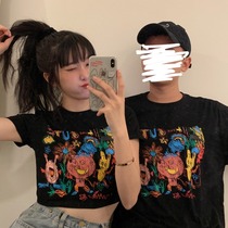 Ghost horse girl Korean chic retro Joker hand-painted graffiti print Short Long couple short sleeve T-shirt female