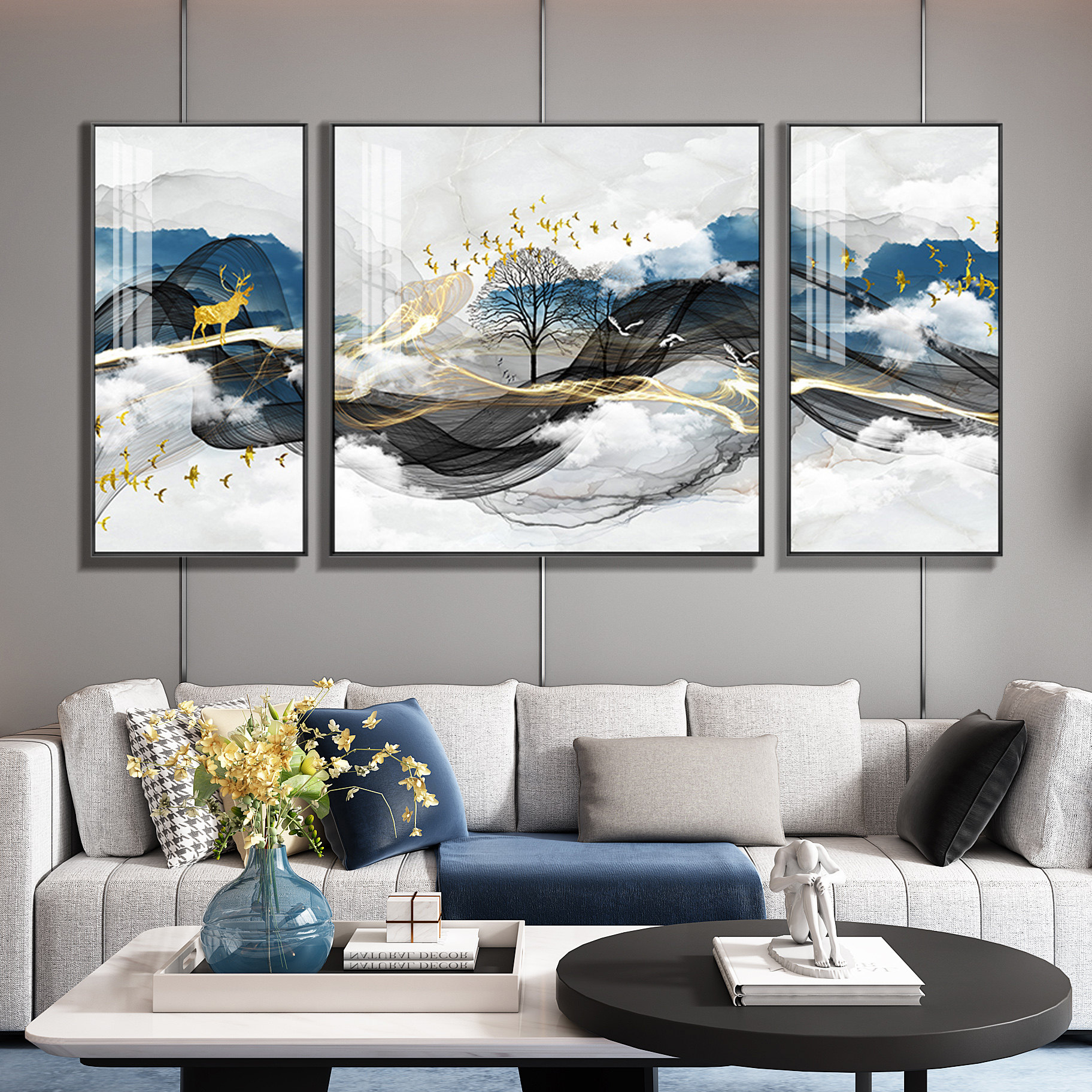Crystal Porcelain Painting Modern Minimalist Living Room Decoration Painting Light Lavish Elk Deer Triple Sofa Background Wall Mural Painting New Chinese Hung Painting