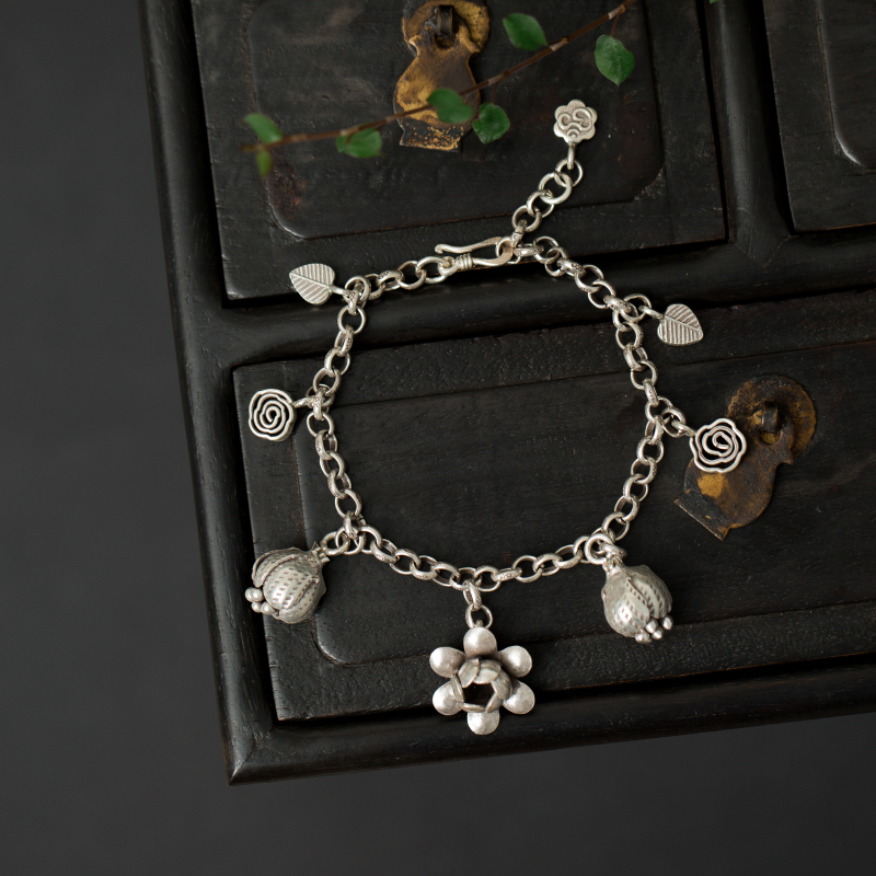 (Dream ten light) afternoon tea ten light Thai handmade pure silver flowers with small leaves hanging by hand