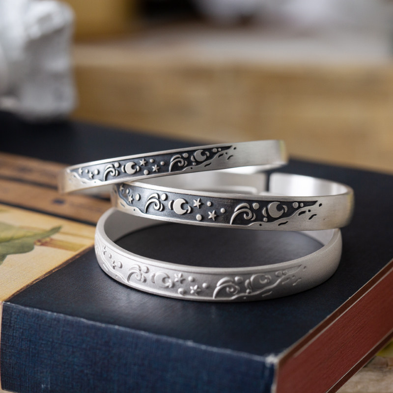 Star moon Stream 999 foot silver ancient Faya light moon stars Van Gogh starry sky opening pure silver bracelet lovers