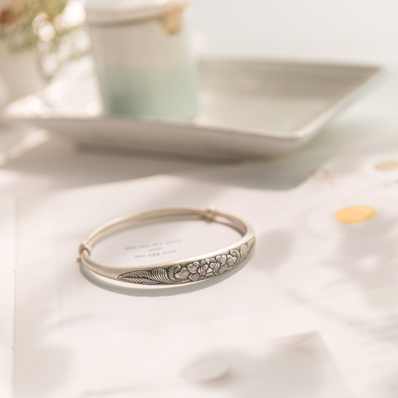 (Dream Pickup Light) Waiting for you to come 999 pure silver sterling silver peony flower retro engraving bracelet adjustable pull