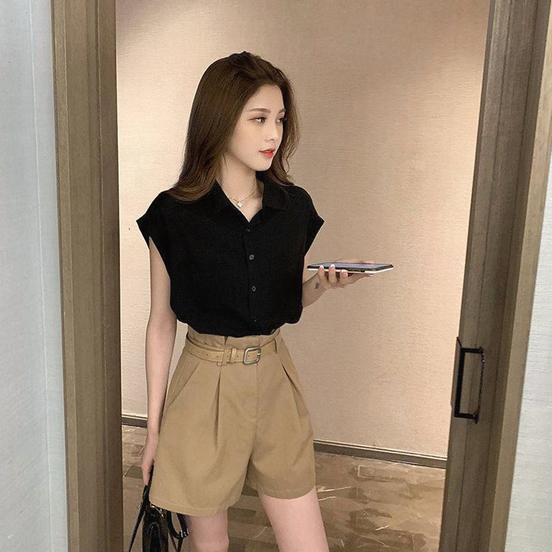 Clearance Sale on Authentic Black Short-Sleeve Shirts for Women with Flutter Sleeves, Chiffon Tops, from Foreign Trade Surplus Stock