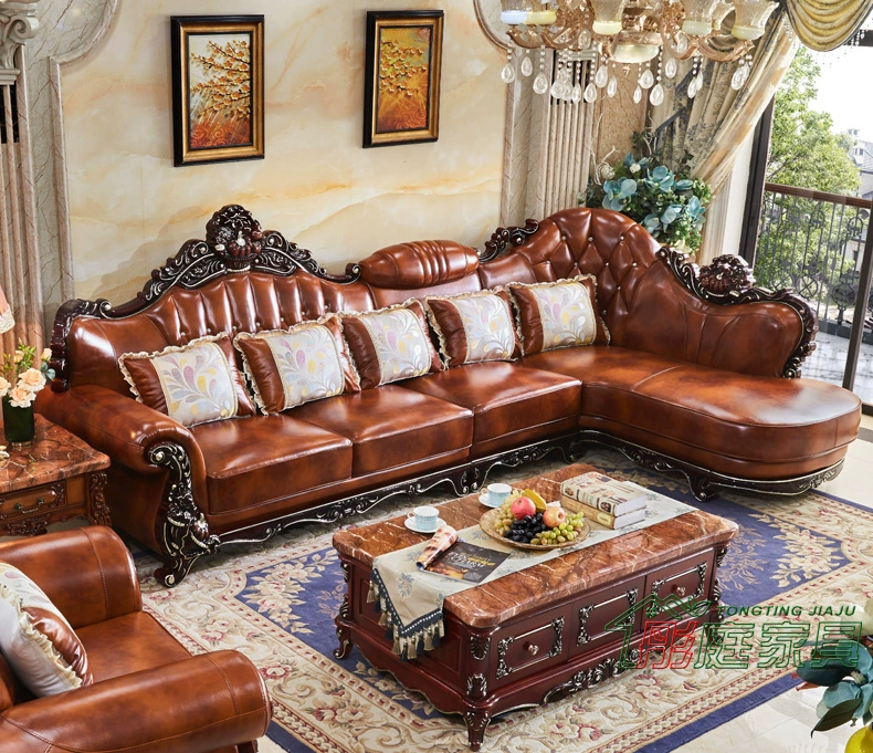 彤 Sofa da châu Âu góc hình chữ L rắn chạm trổ căn hộ tầng trên cùng bọc da phòng khách cao cấp - Ghế sô pha