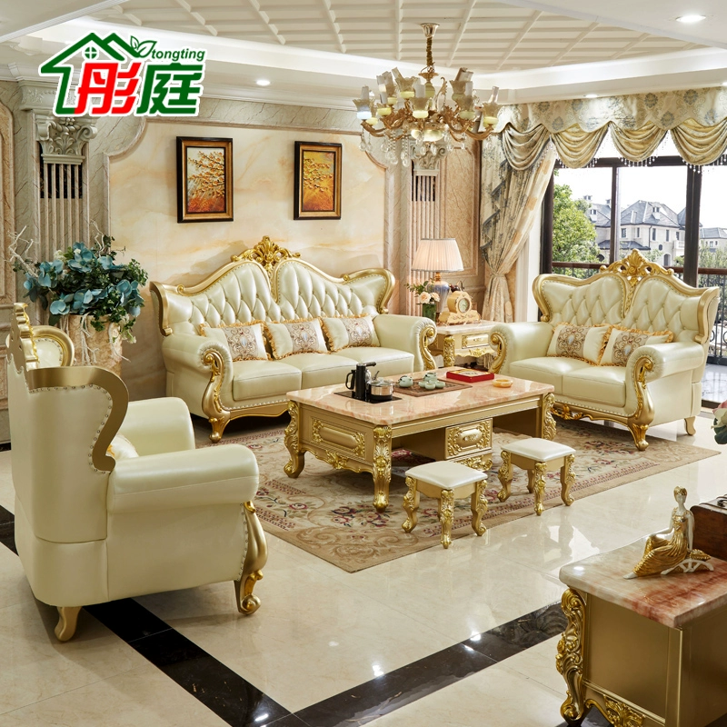 Bàn ghế sofa da phong cách Châu Âu 123 kết hợp da bò lớp đầu tiên biệt thự cao cấp phòng khách sang trọng màu vàng sâm panh - Ghế sô pha