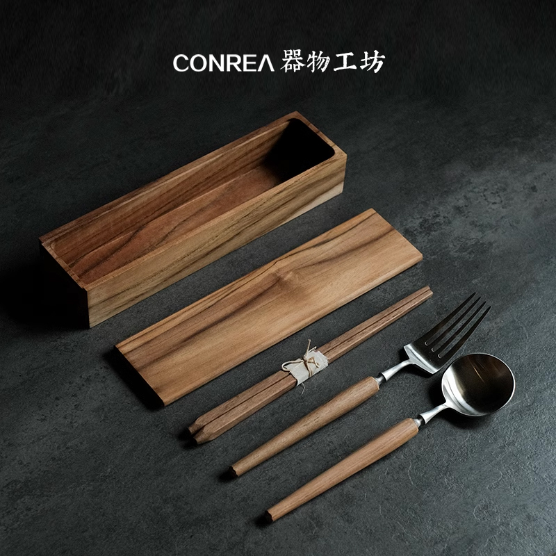 Handmade Japanese-Style Portable Solid Wood Cutlery Box for Single-Person Takeout, Office Worker Lunch Box with Chopsticks and Spoon Storage Set