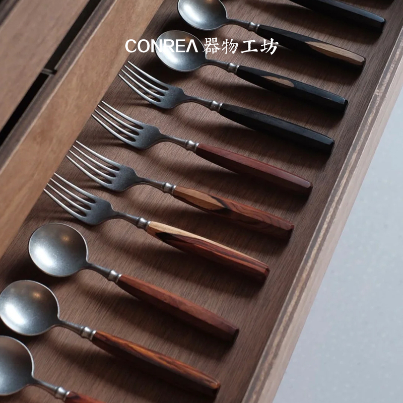 Tangshangyan Handmade Vintage Sandalwood Red Rosewood Western Tableware Spoon and Fork Light Luxury Set for One Person Stainless Steel