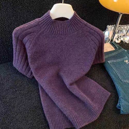 Purple Half-High Collar Soft Thickened Short-Sleeved Knitwear for Women, New Autumn and Winter Style, Retro Lazy Style Inner Layering Sweater