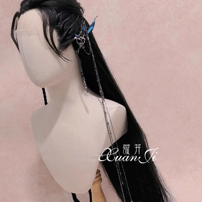 Original Design by Qianji: Men's Black Ear-Hanging Hairpin, Unisex Hanfu Tassel Hair Accessory, Film and Television Hair Accessory