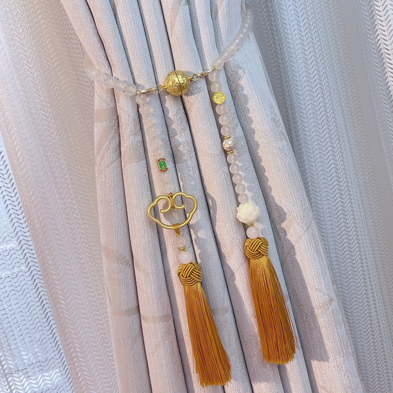 Xiangyun Ruyi Curtain Tiebacks, Chinese Style Magnetic Curtain Fasteners with Tassels, Adjustable Length Sheer Curtain Tie Ropes, White Sheer Gathering Ropes