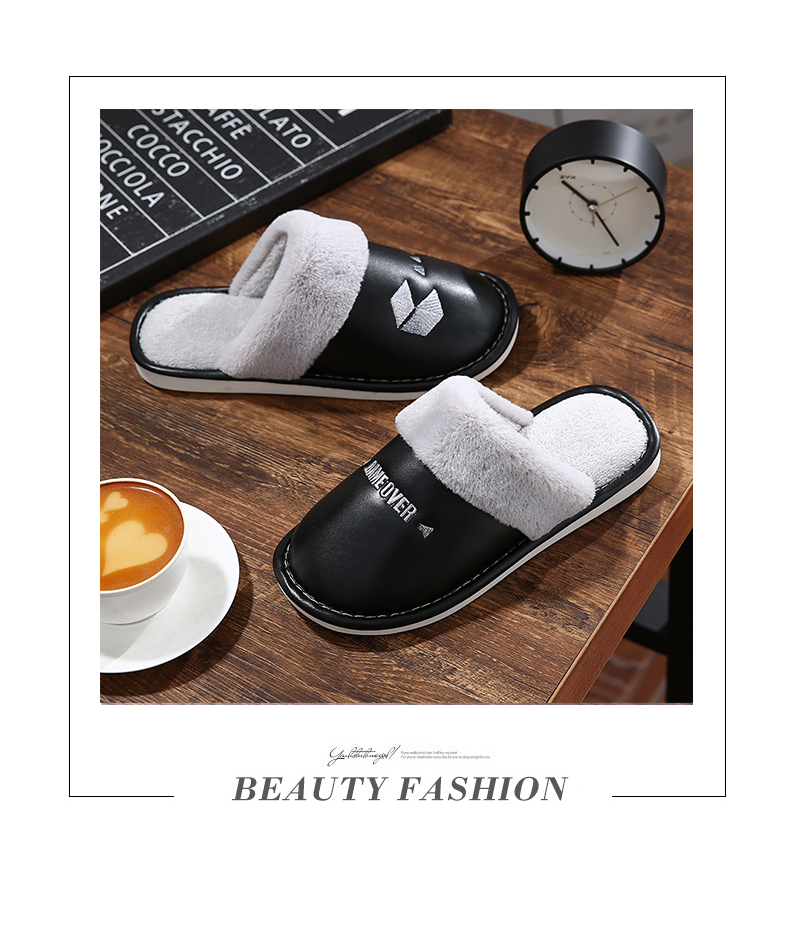 2019 mới PU da chống thấm đôi nhà cotton dép nữ chống trượt mùa đông nhà ấm áp mùa đông nam trong nhà kéo - Trang chủ dep di trong nha