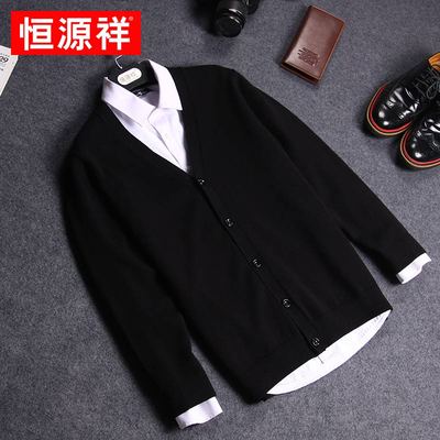 Hengyuan Xiangchunqiu dài tay nam đan cardigan Hàn Quốc người đàn ông giản dị của v-cổ áo len áo len màu đen áo khoác mỏng Hàng dệt kim