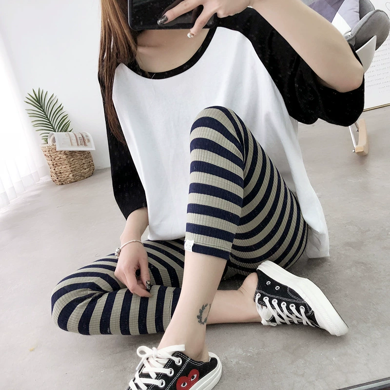 Mùa hè 2018 mới cotton rộng co giãn sọc ngang dây rút kitten leggings nữ Slim đã mỏng bảy quần thủy triều