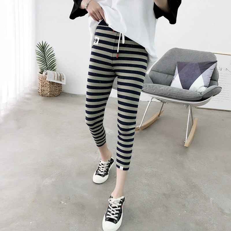 Mùa hè 2018 mới cotton rộng co giãn sọc ngang dây rút kitten leggings nữ Slim đã mỏng bảy quần thủy triều