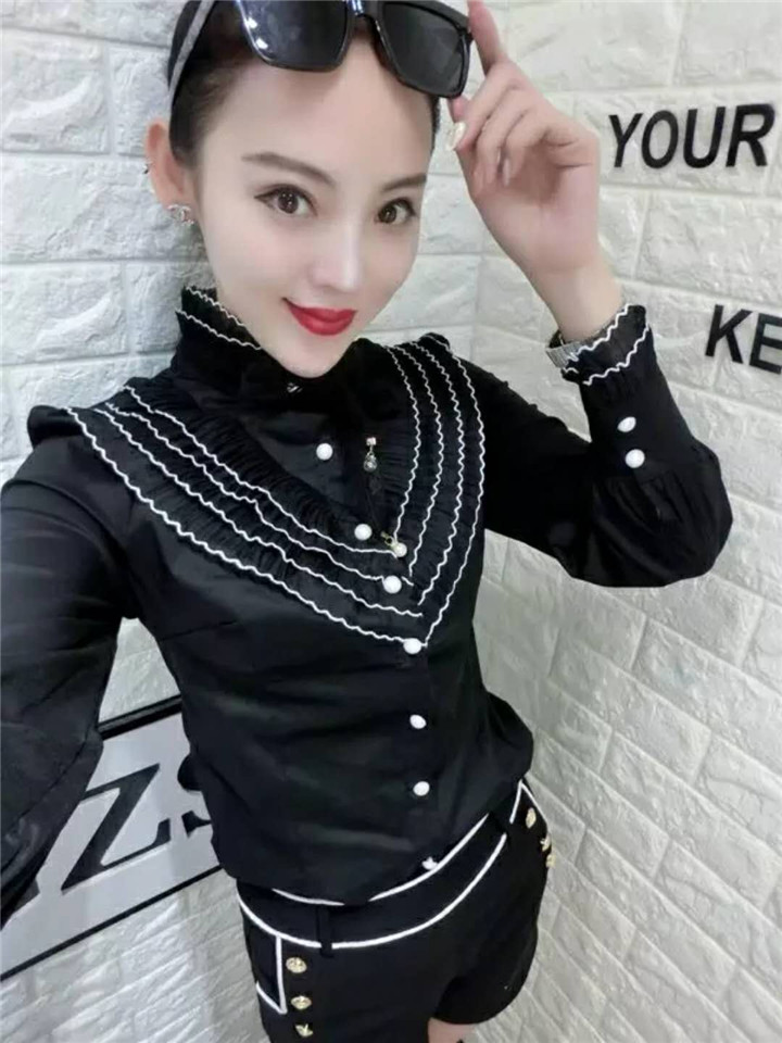 Xuân 2019 mới Han Fanfei đứng cổ áo thon dài tay áo sơ mi nữ thời trang khí chất đáy áo sơ mi dễ thương áo sơ mi đen nữ