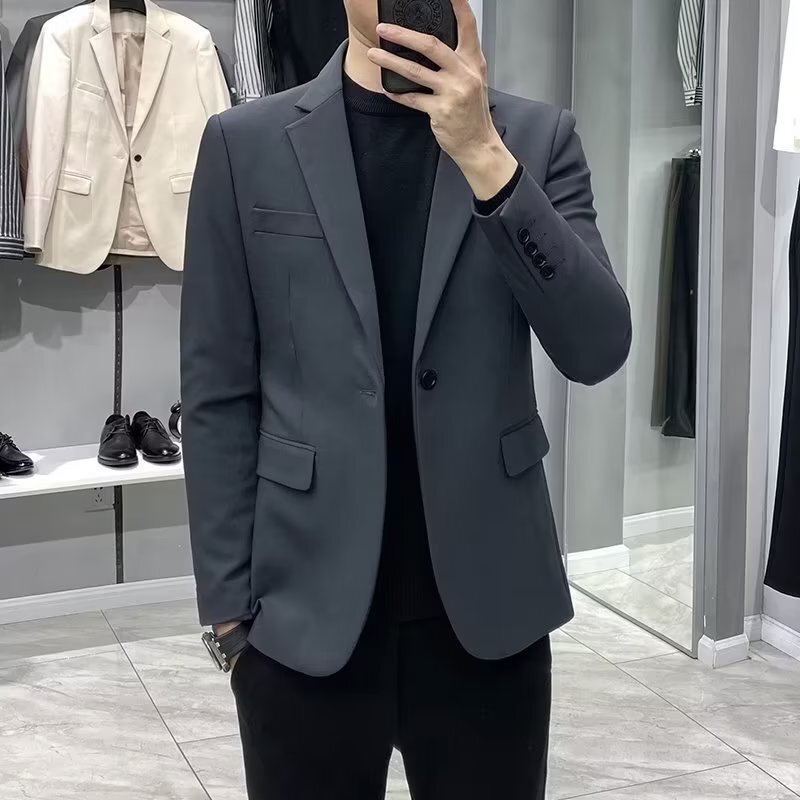 Spring and Autumn Men's Gray Suit, High-Quality, Mature Style Blazer, Non-Iron, Slim Fit, Versatile, Trendy Small Suit