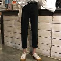 Mùa xuân và thu đông 2018 phiên bản mới của Hàn Quốc mang hương vị retro là quần lửng cạp cao 9 điểm quần jeans đen nữ thẳng. quần bò ống sớ