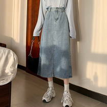 Spring and Autumn 2021 New Vintage slim crotch denim skirt long high waist a-shaped hip skirt skirt womens skirt