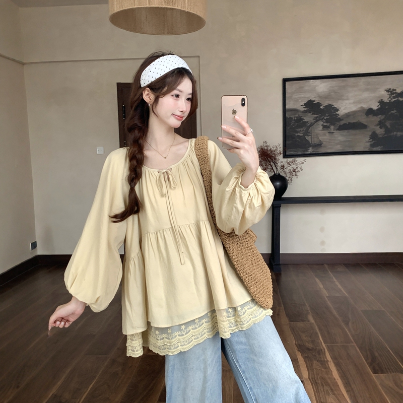 Yellow Lace Patchwork Lace-Up Long-Sleeved Shirt for Women, Spring Fake Two-Piece, Atmospheric and Sweet Babydoll Shirt, Loose Top