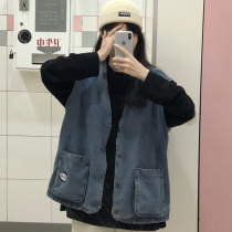 Spring and Autumn Korean version of Harajuku style bf loose Joker retro Japanese denim vest jacket wearing sleeveless top female tide