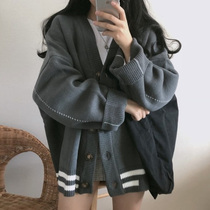 Autumn and winter Korean lazy wind loose retro Japanese thin gray long sleeve knitted cardigan sweater jacket women