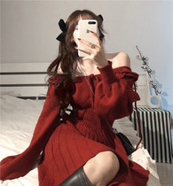 Christmas Red Knit Dress Dress Woman Spring Dress 2022 New Korean Version Retro Square Collar Middle Long Collection Waist Dresses