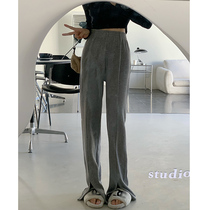 Net Red Pit Strips Knitted Pants Horn Pants Woman Spring High Waist Display Slim Open Underpants Pant Pants Covety Wide Leg Casual Long Pants