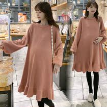 Pregnant women autumn winter clothing 2021 New Korean pullover round neck pregnant women dress long solid color sweater skirt