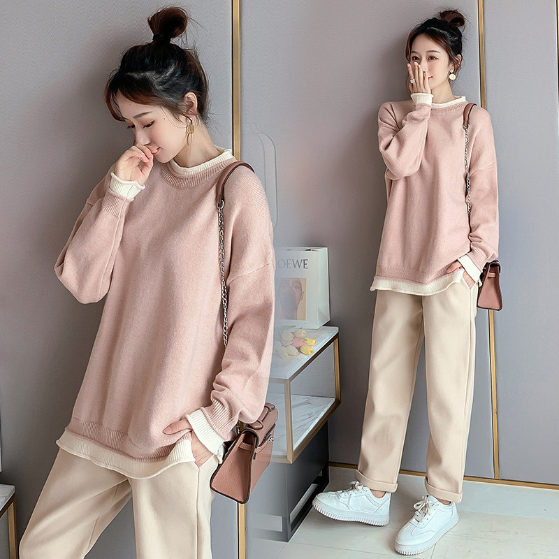Pregnancy women's dress suit fashion models 2022 new Korean version of the Korean version casual large size fur coat spring autumn and two sets of pregnancy
