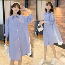 Pregnant women autumn 2021 New loose stitching stripe lapel collar shirt dress long spring and autumn pregnant women dress