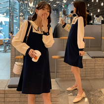 Pregnant women autumn clothes 2021 new solid color lapels pregnant women dress long autumn pregnancy pregnant women skirt