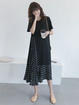Pregnant Woman Lian Dress Summer Foreign Air Polo Dot Splicing Snowspun Dress Out Fashion Boomer Summer Over Knee Long Skirt Summer Dress